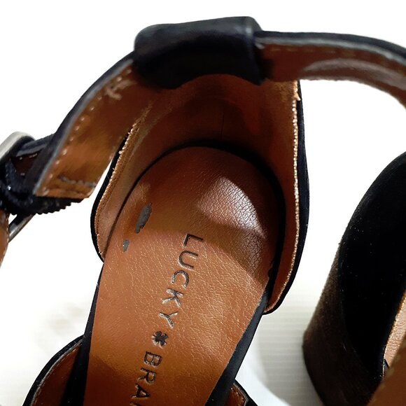 LUCKY BRAND Leesha Fringe T-strap Sandals with Block Heel in Black Suede Leather - Picture 11 of 13